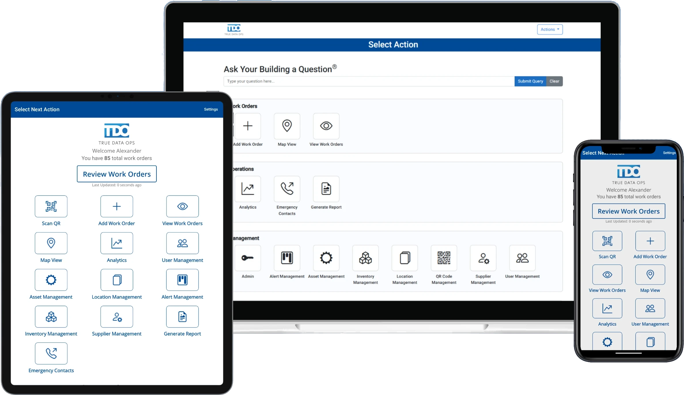 True Data Ops CMMS on mobile, tablet, and desktop
